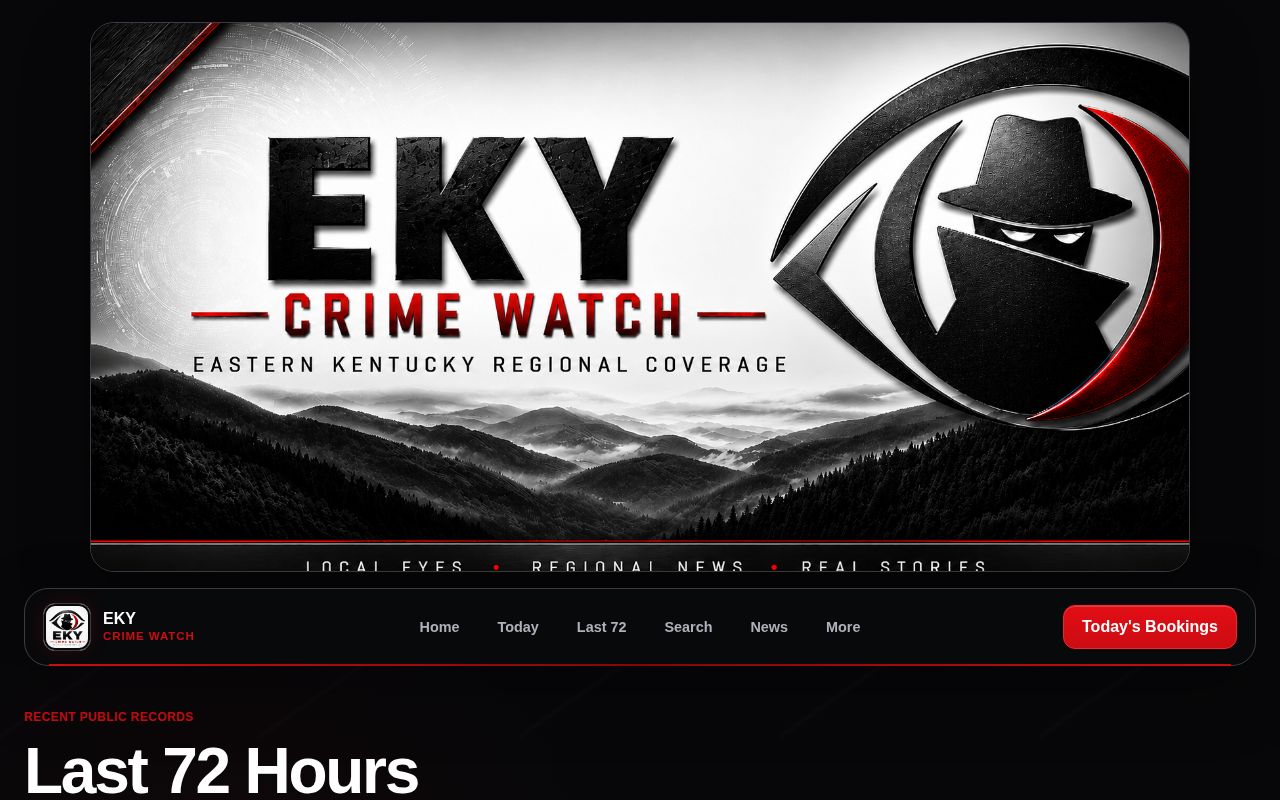 Kentucky Crime Watch Last 72 Hours interface used as an unofficial Elliott County arrest lead