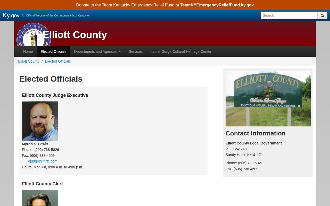 Elliott County elected officials page showing Sheriff and Jailer contacts