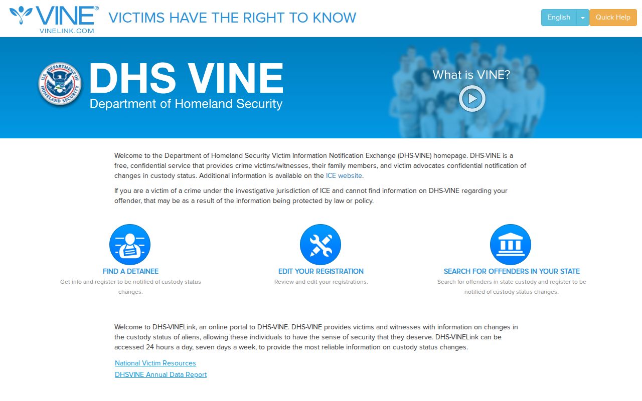 DHS-VINE federal notification interface distinct from Kentucky VINELink