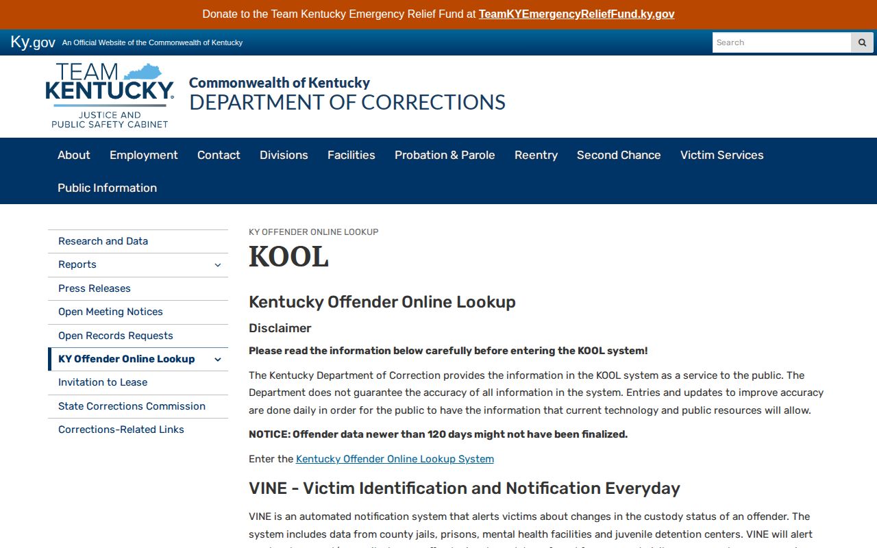 Kentucky DOC policy page explaining KOOL updates and VINE custody scope