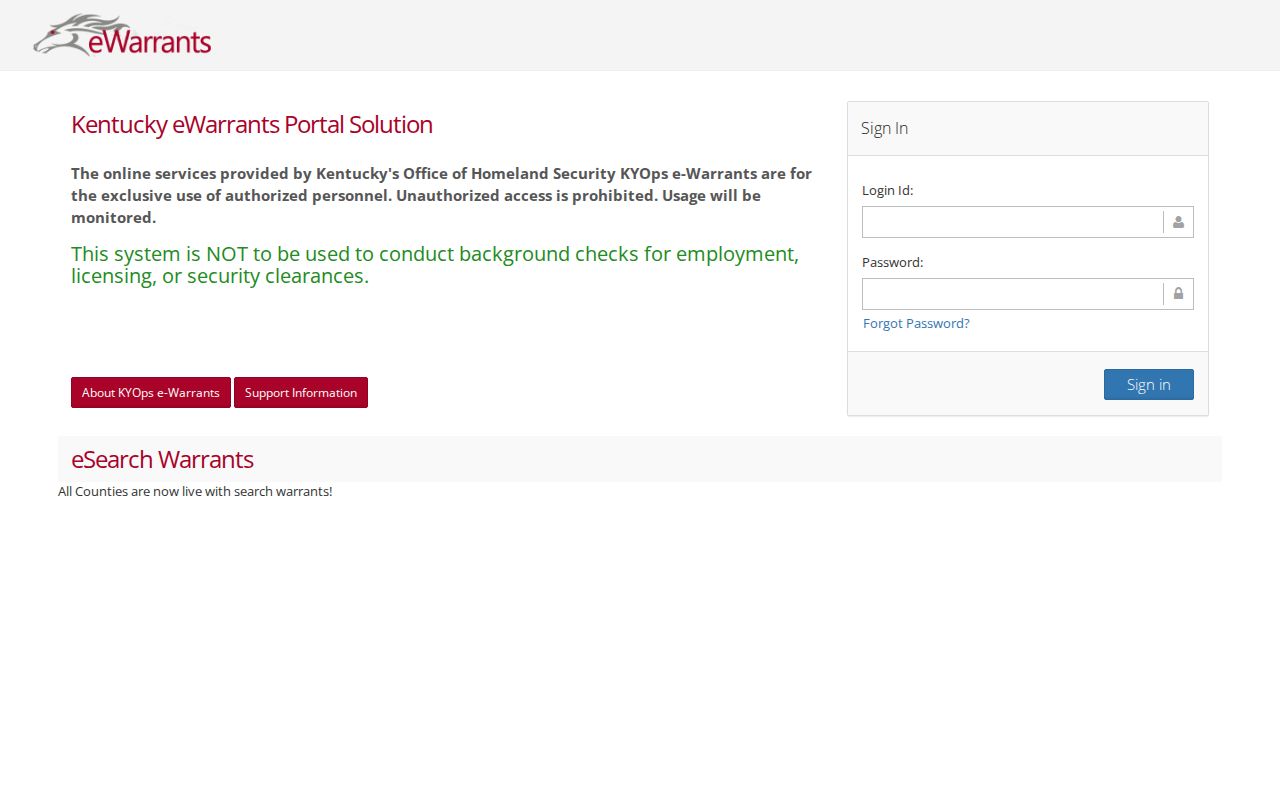 Kentucky eWarrants authorized-user warning