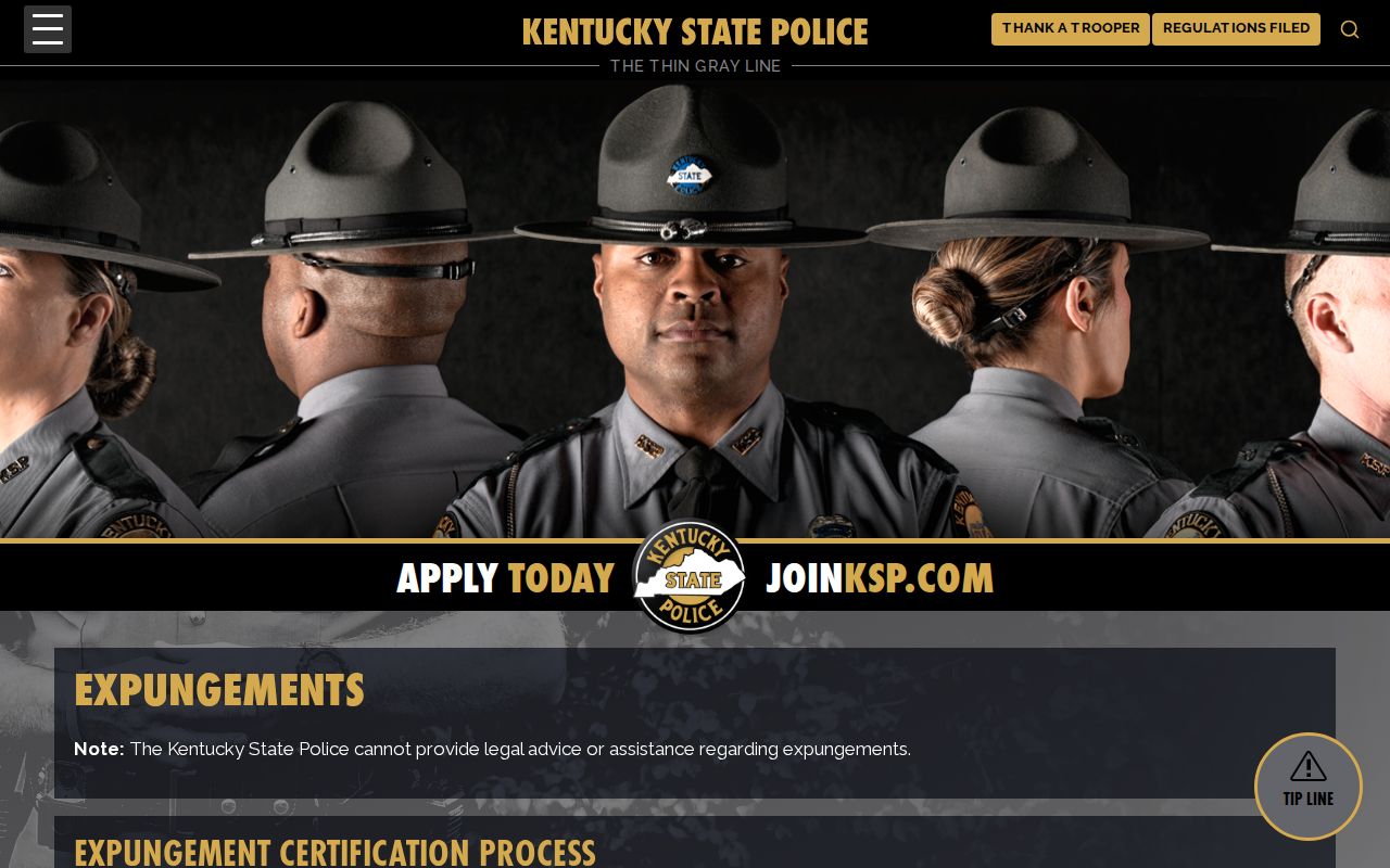 Kentucky State Police official expungement page