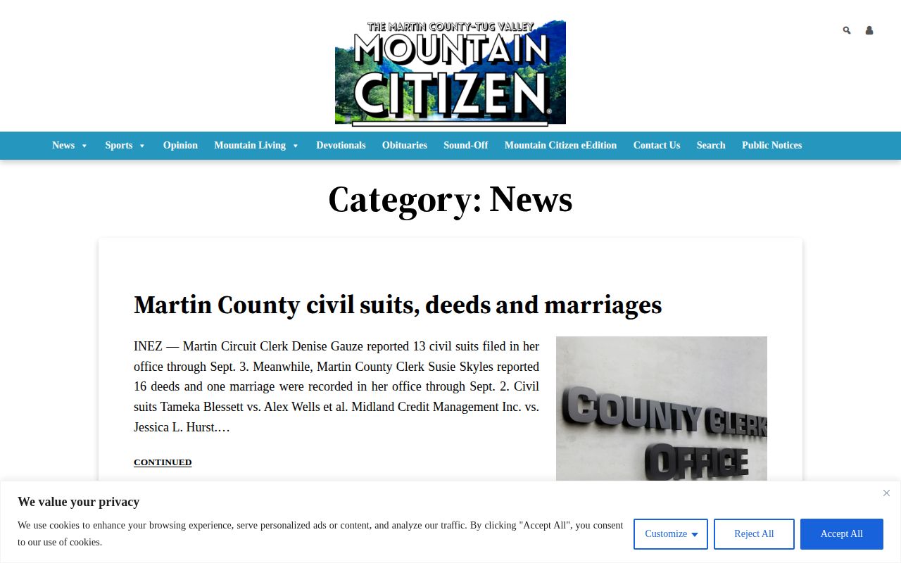 Mountain Citizen regional news section with arrest report navigation